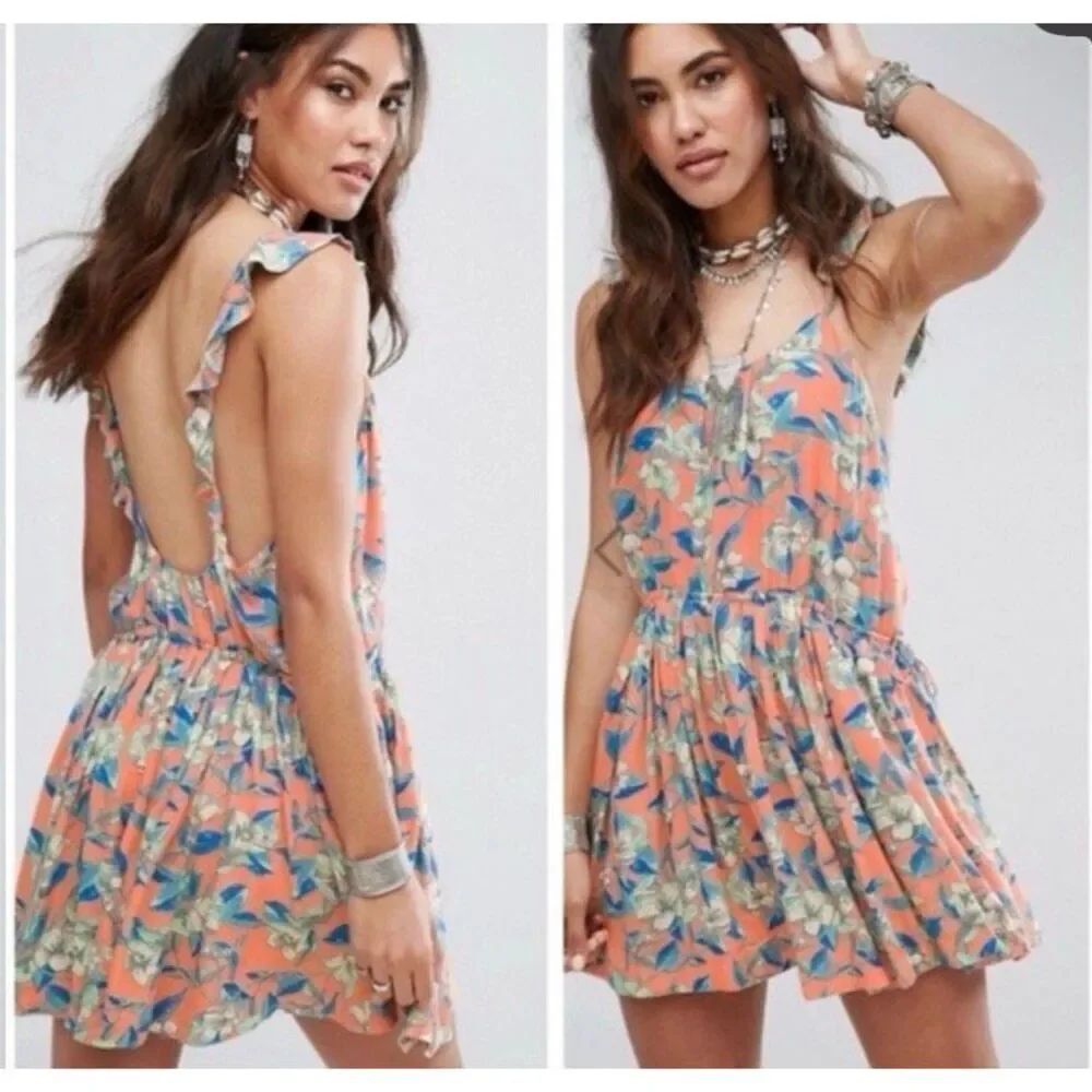 Free people Dear You Floral Mini Dress Ruffle Straps Large NEW #785